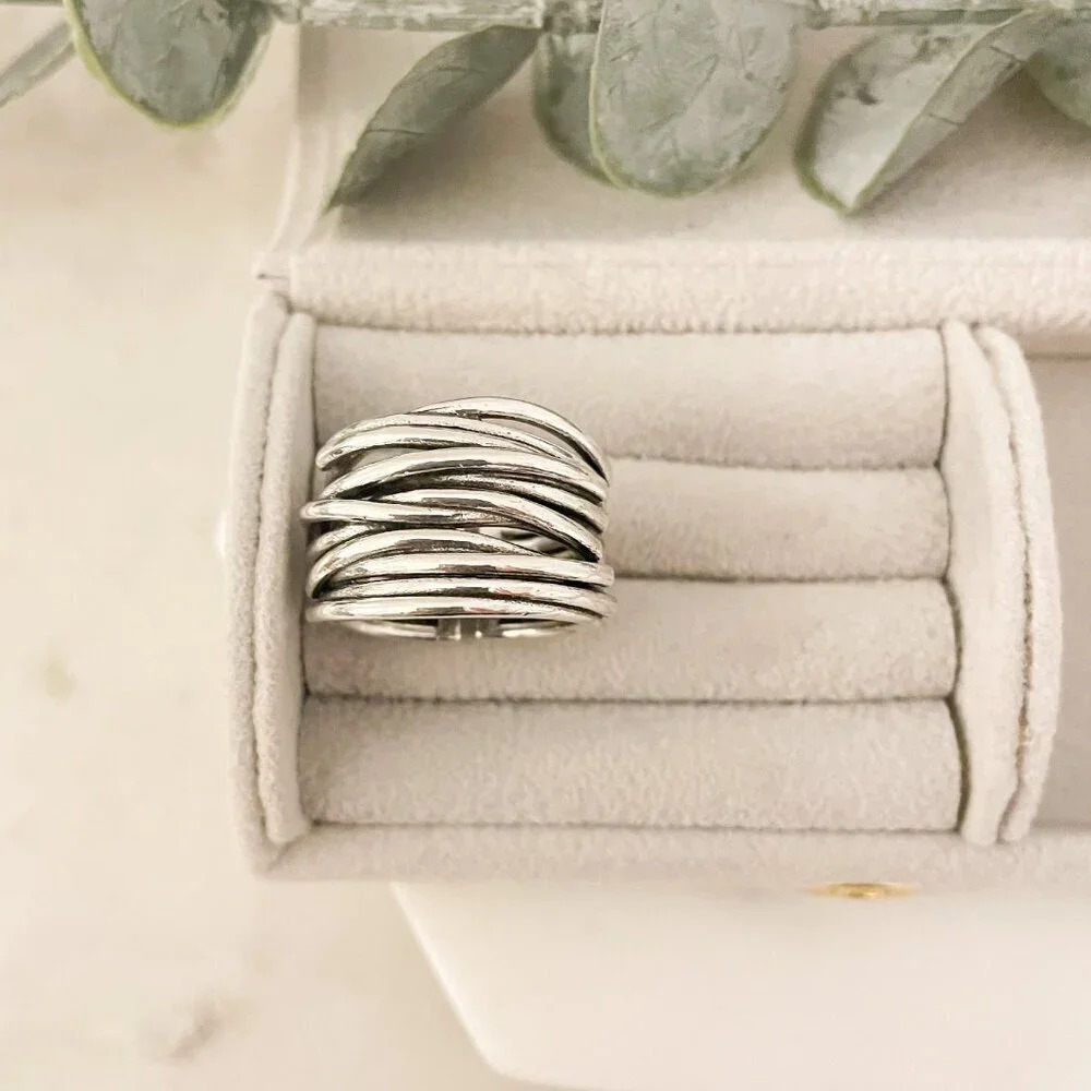 925 Sterling Silver Chunky Ring Thick Wide Ring Band Multi Layer Vintage Ring - Picture 5 of 13